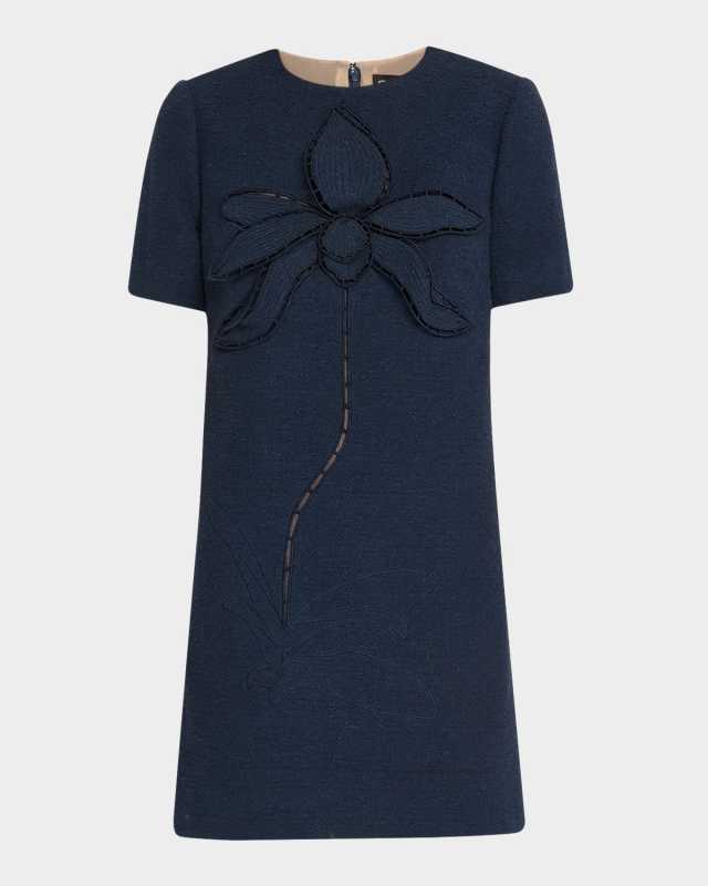 Floral Embroidered Short Cotton Tweed Shift Dress